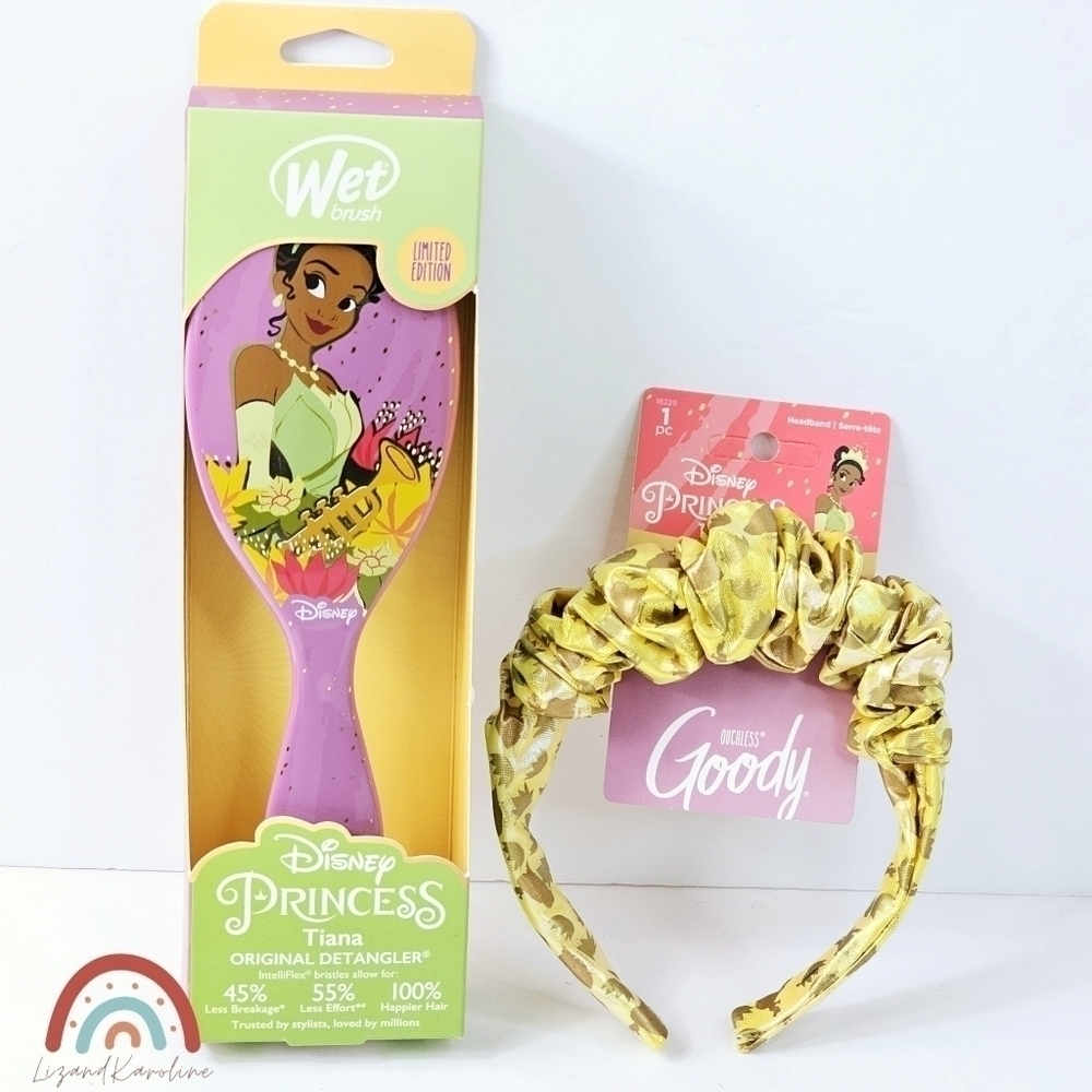 New! Disney Princess Tiana Wet Brush Goody Tiara Crown Headband Detangler Set